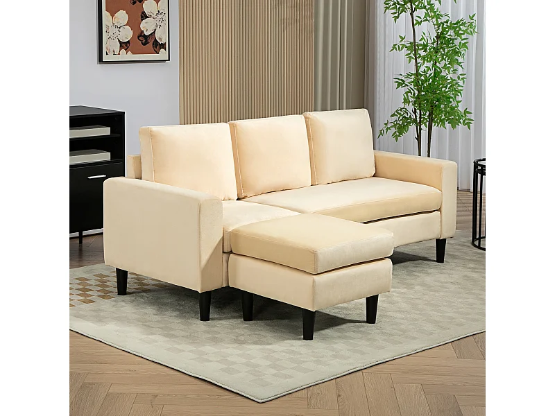 Canapé d'angle réversible 3 places piètement effilé bois noir revêtement velours beige