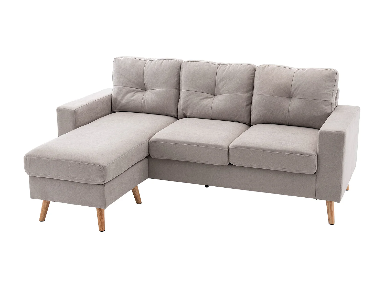 Canapé d'angle 3 places design scandinave - dossier effet capitonné, repose-pied amovible - piètement bois tissu gris clair