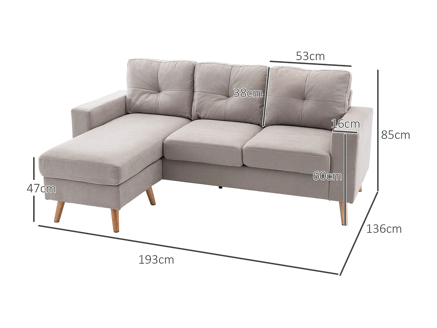 Canapé d'angle 3 places design scandinave - dossier effet capitonné, repose-pied amovible - piètement bois tissu gris clair