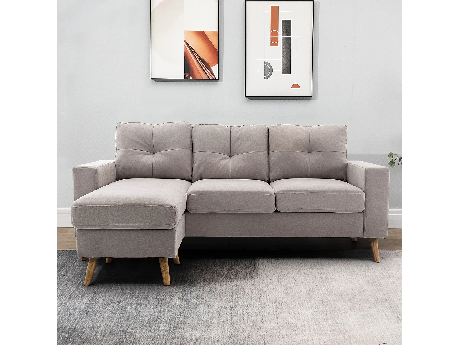 Canapé d'angle 3 places design scandinave - dossier effet capitonné, repose-pied amovible - piètement bois tissu gris clair