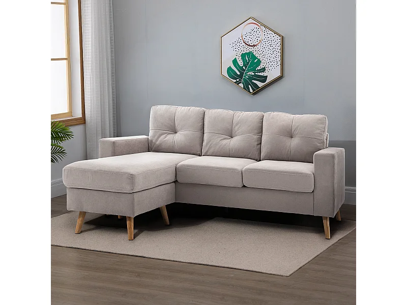 Canapé d'angle 3 places design scandinave - dossier effet capitonné, repose-pied amovible - piètement bois tissu gris clair