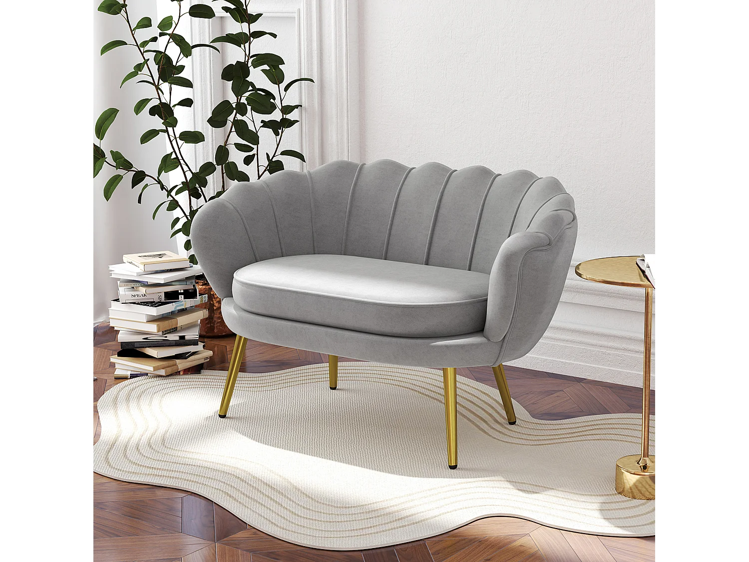 Canapé 2 places coquillage canapé design dim. 130L x 77l x 77H cm pieds dorés effilés velours gris