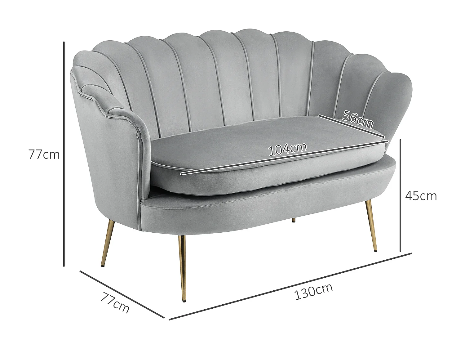 Canapé 2 places coquillage canapé design dim. 130L x 77l x 77H cm pieds dorés effilés velours gris