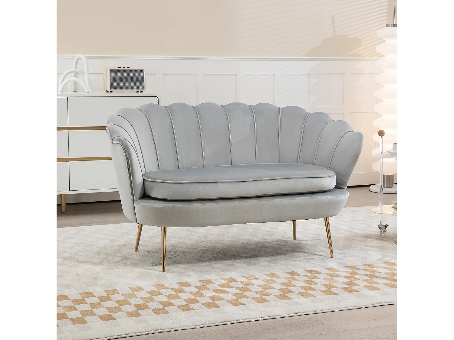 Canapé 2 places coquillage canapé design dim. 130L x 77l x 77H cm pieds dorés effilés velours gris