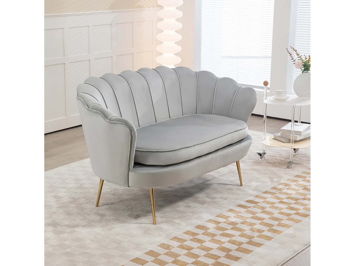 Canapé 2 places coquillage canapé design dim. 130L x 77l x 77H cm pieds dorés effilés velours gris