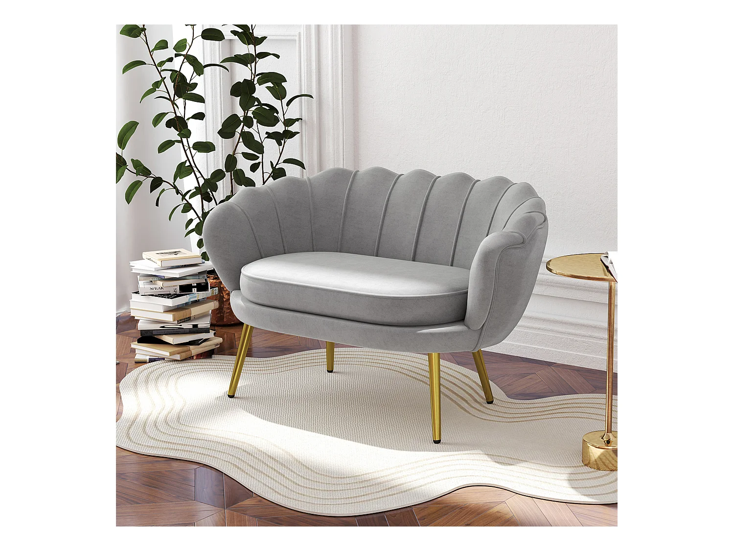 Canapé 2 places coquillage canapé design dim. 130L x 77l x 77H cm pieds dorés effilés velours gris