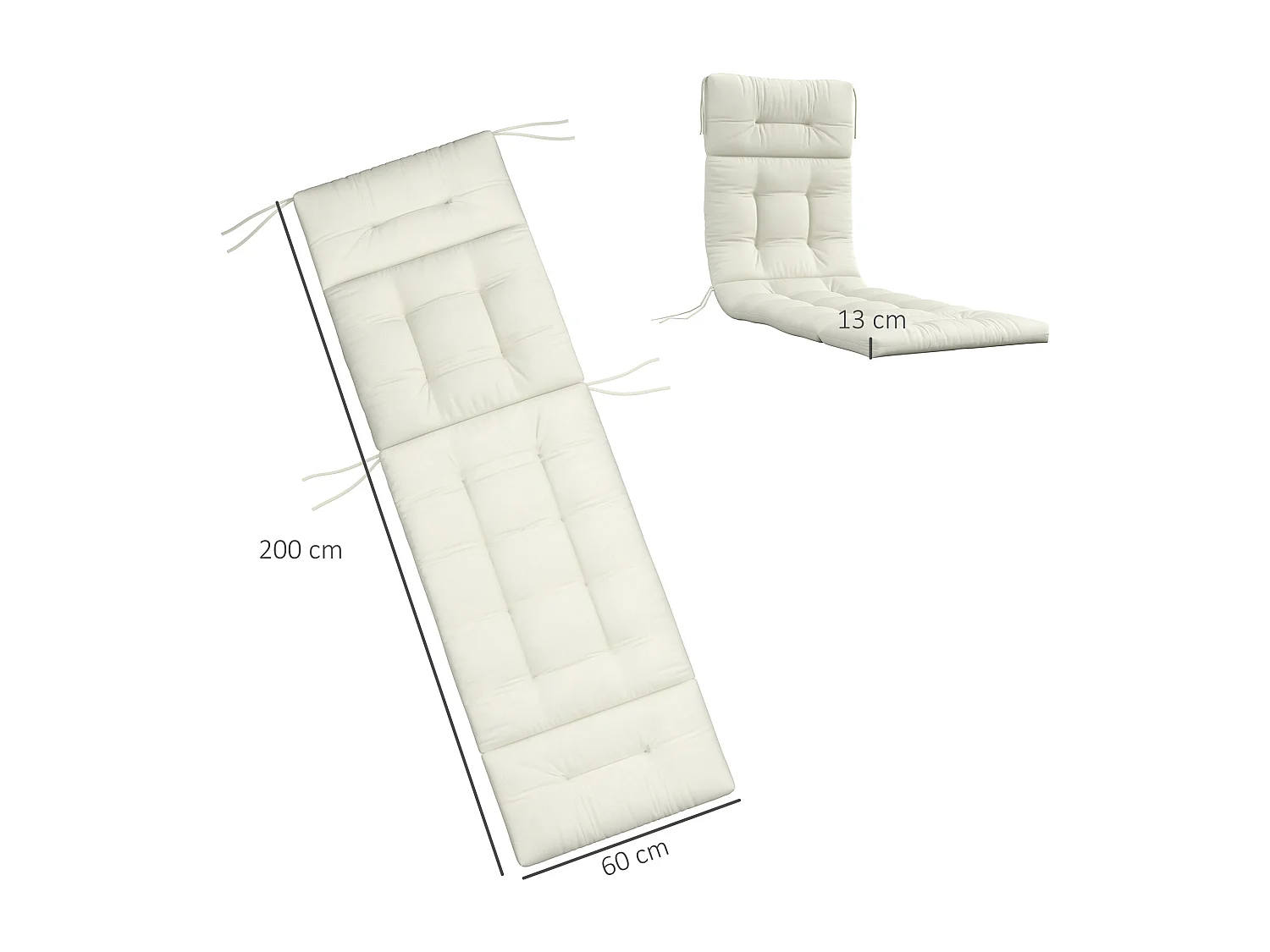 Coussin bain de soleil - coussin matelassé chaise longue - dim. 200L x 60l cm - ép. 13 cm - attaches - polyester crème