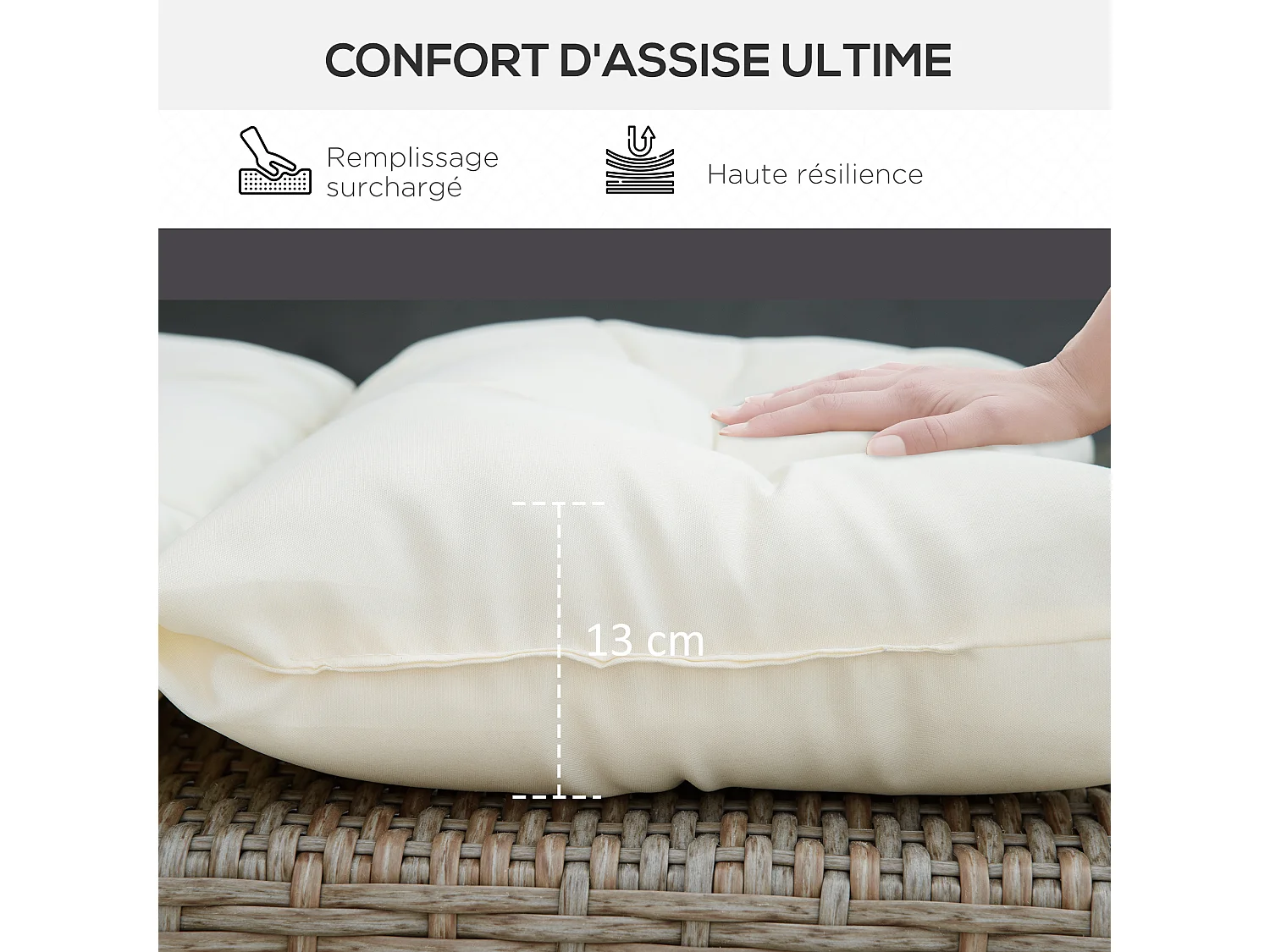 Coussin bain de soleil - coussin matelassé chaise longue - dim. 200L x 60l cm - ép. 13 cm - attaches - polyester crème