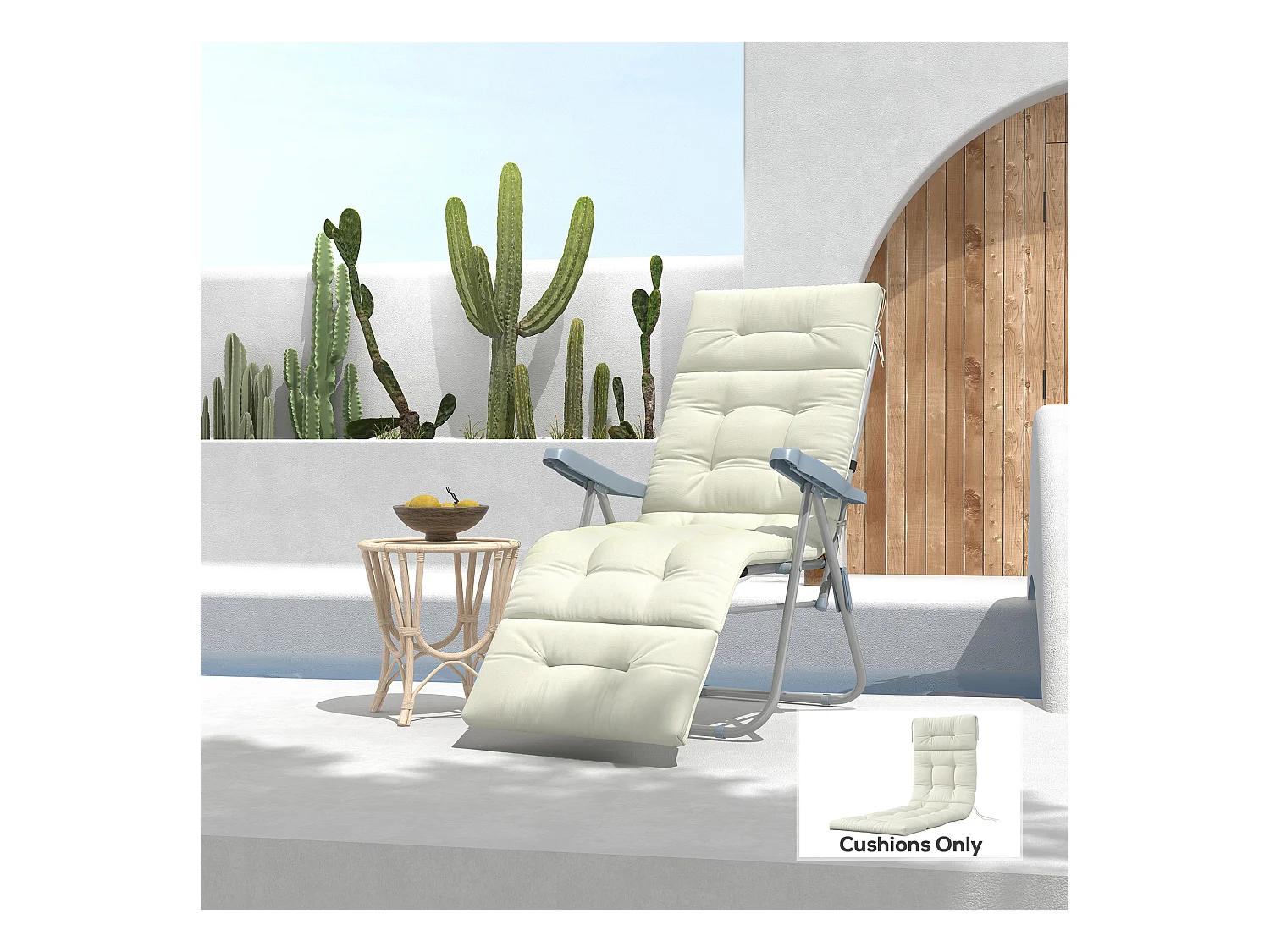Coussin bain de soleil - coussin matelassé chaise longue - dim. 200L x 60l cm - ép. 13 cm - attaches - polyester crème