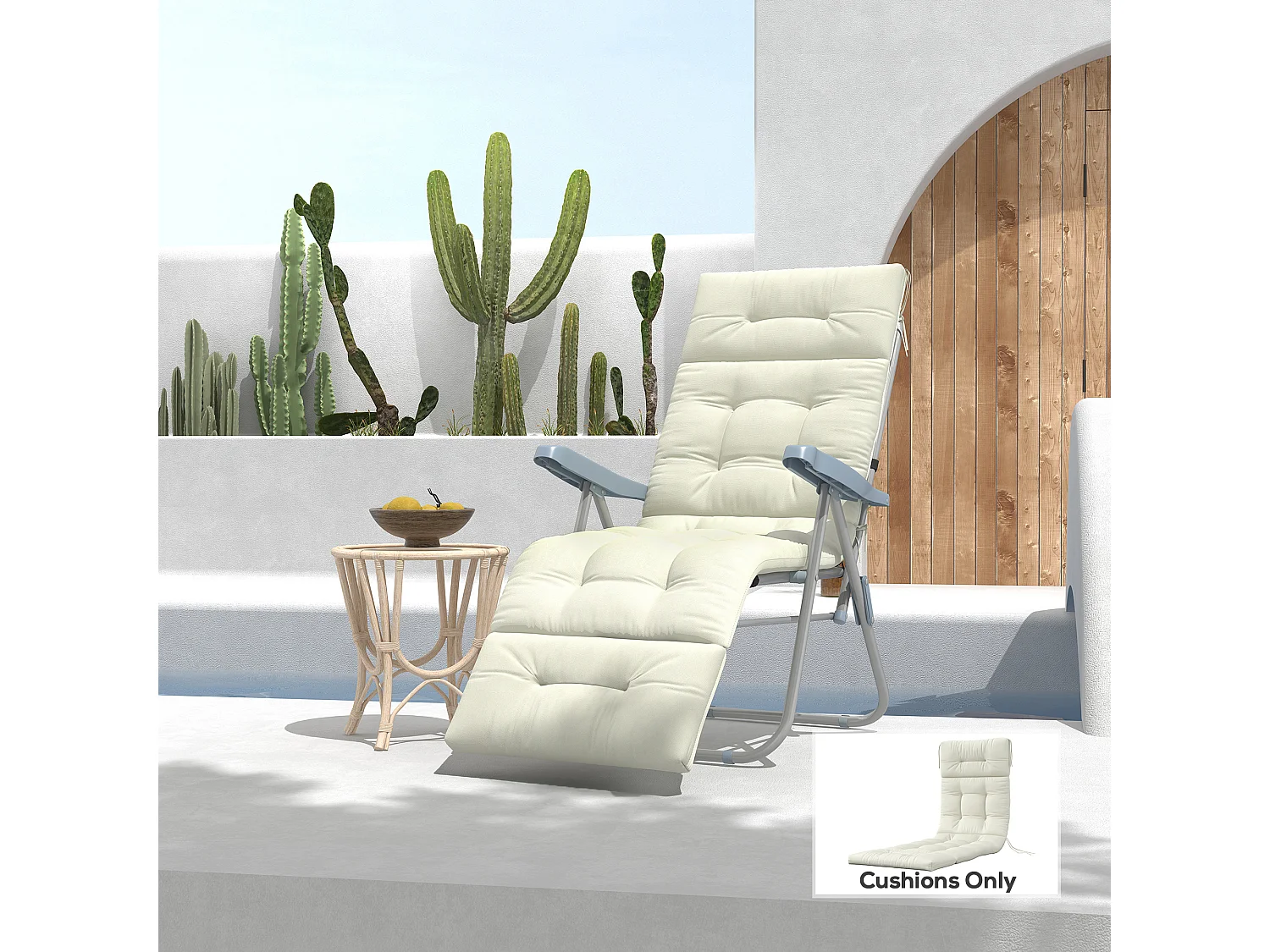 Coussin bain de soleil - coussin matelassé chaise longue - dim. 200L x 60l cm - ép. 13 cm - attaches - polyester crème