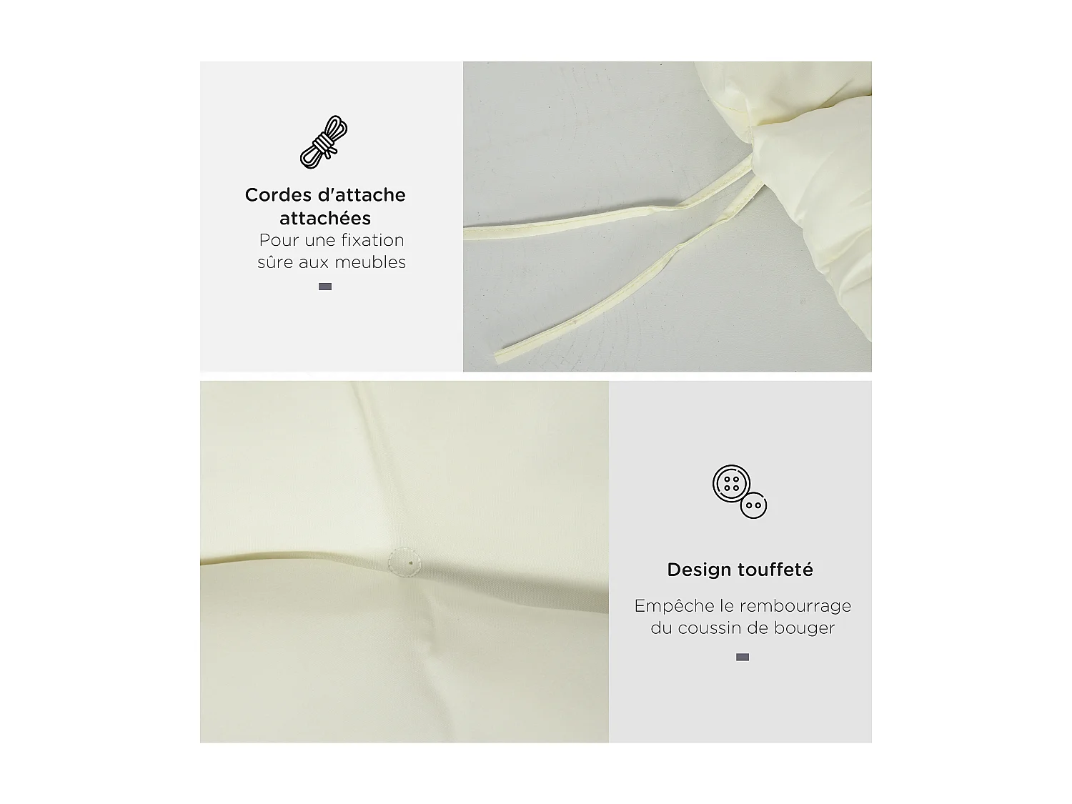 Coussin bain de soleil - coussin matelassé chaise longue - dim. 200L x 60l cm - ép. 13 cm - attaches - polyester crème