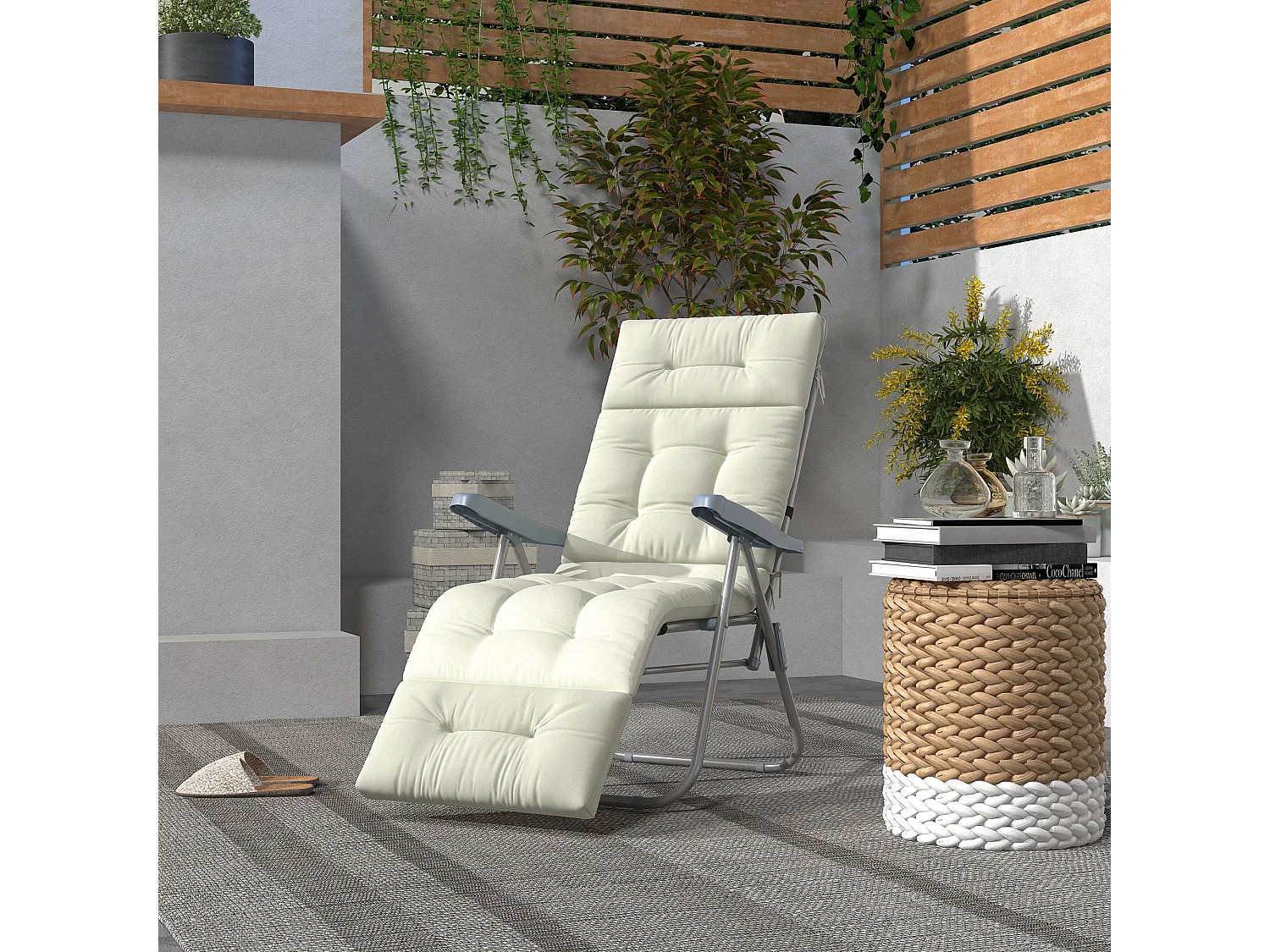 Coussin bain de soleil - coussin matelassé chaise longue - dim. 200L x 60l cm - ép. 13 cm - attaches - polyester crème