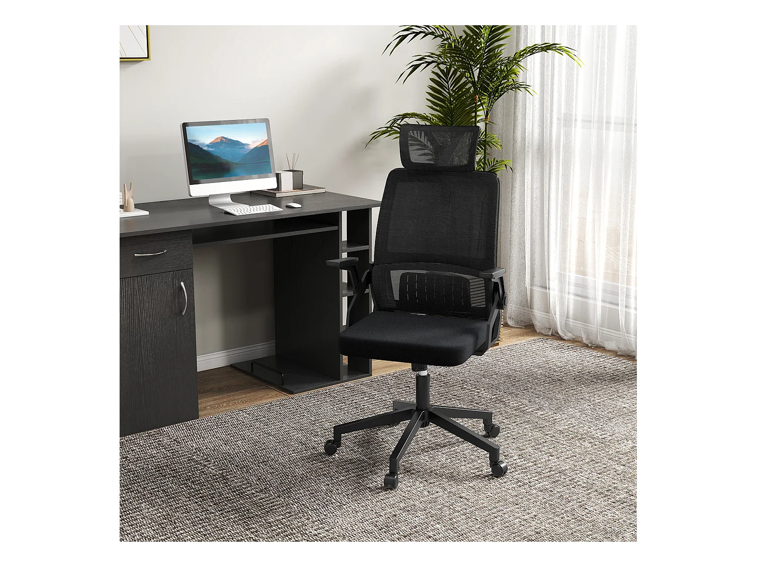 Chaise de bureau ergonomique réglable inclinable pivotante maille polyester noir