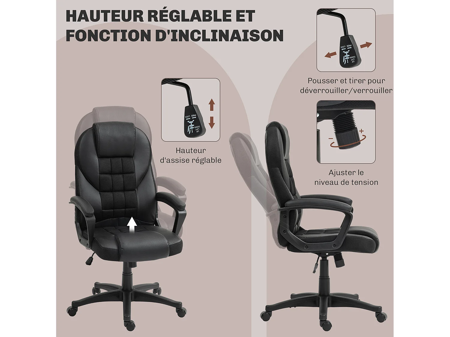 Chaise de bureau manager ergonomique - hauteur réglable, fonction à bascule, pivotant - PU polyester noir