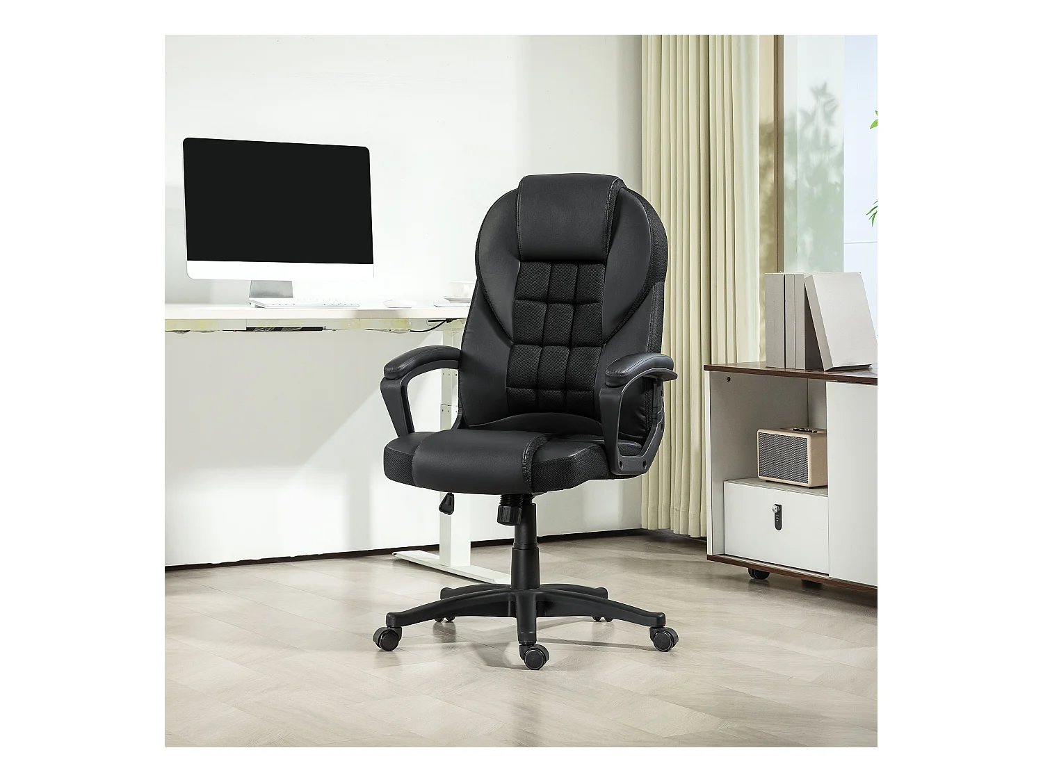 Chaise de bureau manager ergonomique - hauteur réglable, fonction à bascule, pivotant - PU polyester noir