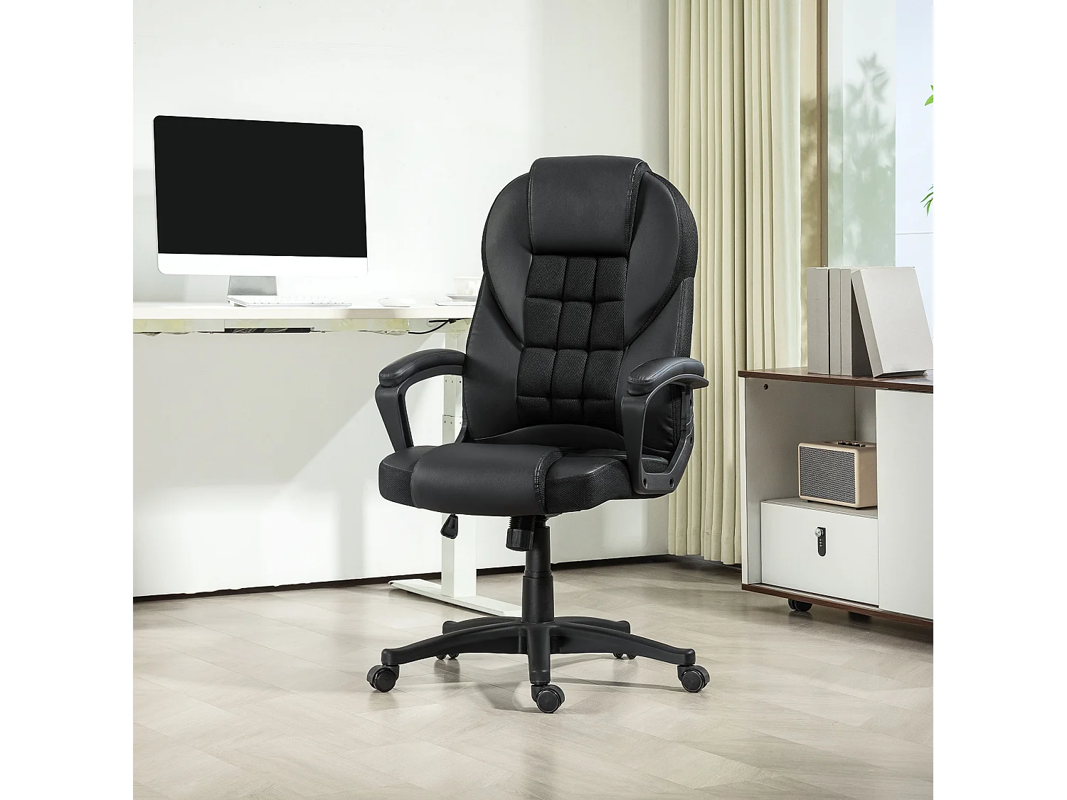 Chaise de bureau manager ergonomique - hauteur réglable, fonction à bascule, pivotant - PU polyester noir