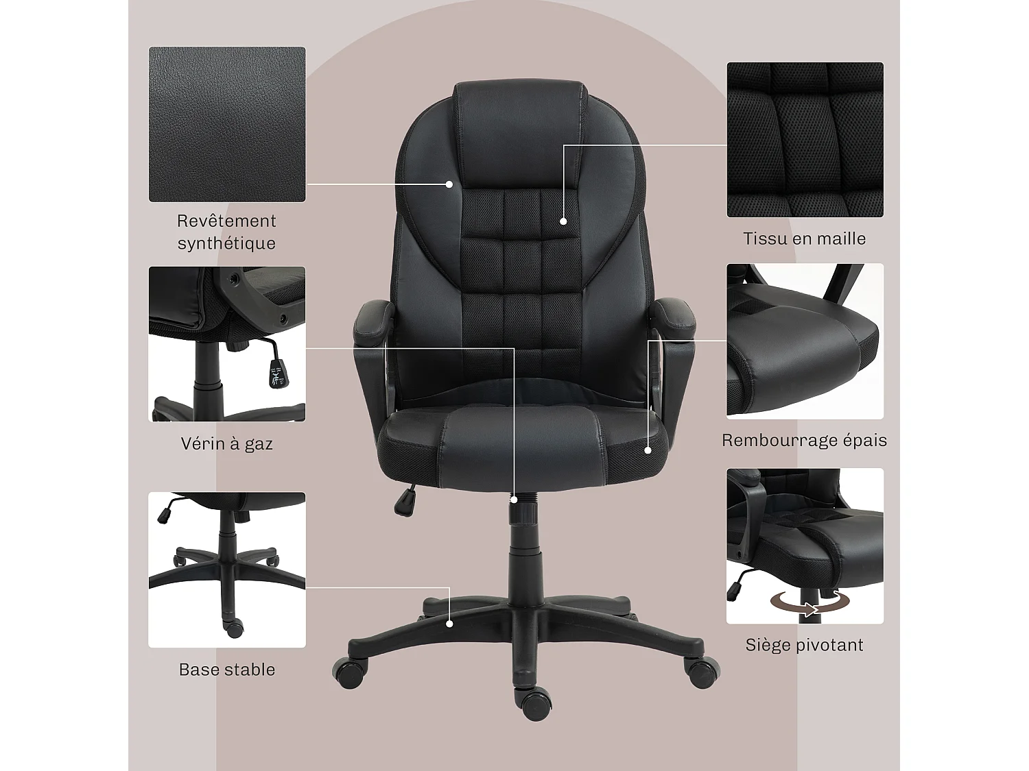 Chaise de bureau manager ergonomique - hauteur réglable, fonction à bascule, pivotant - PU polyester noir