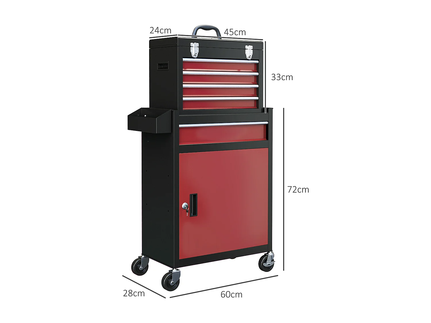 Servante d'atelier -  chariot d'atelier d'outillage - 5 tiroirs, porte verrouillable - caisse à outils amovible - acier rouge noir