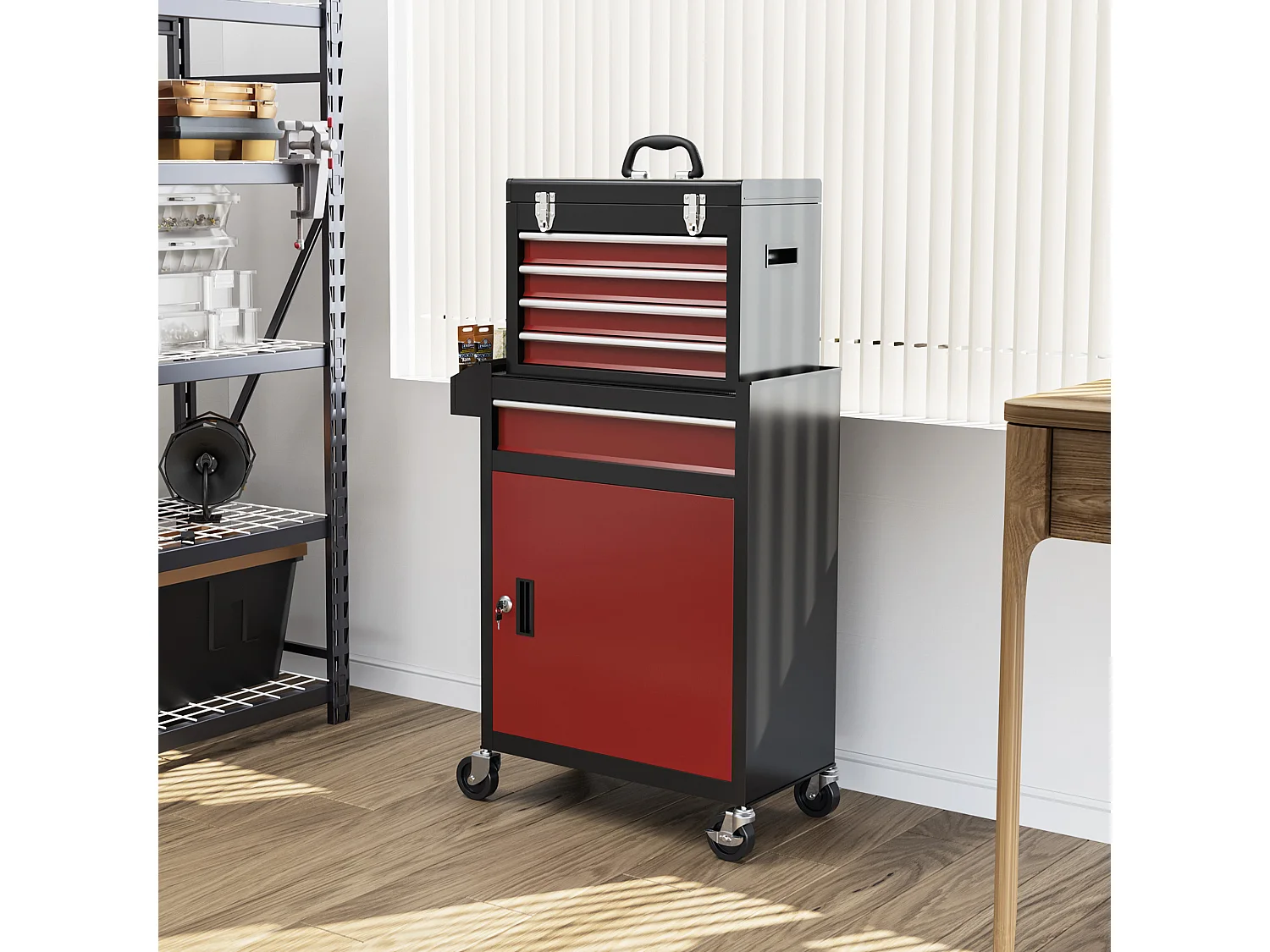 Servante d'atelier -  chariot d'atelier d'outillage - 5 tiroirs, porte verrouillable - caisse à outils amovible - acier rouge noir