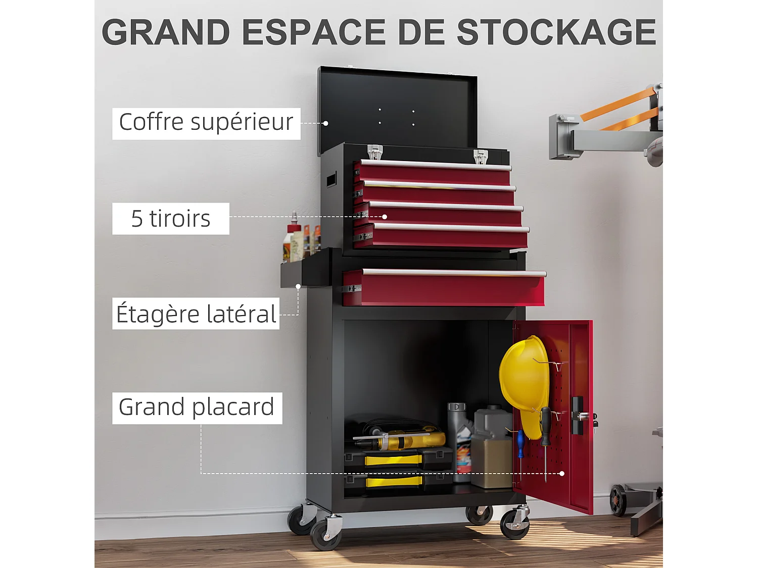 Servante d'atelier -  chariot d'atelier d'outillage - 5 tiroirs, porte verrouillable - caisse à outils amovible - acier rouge noir