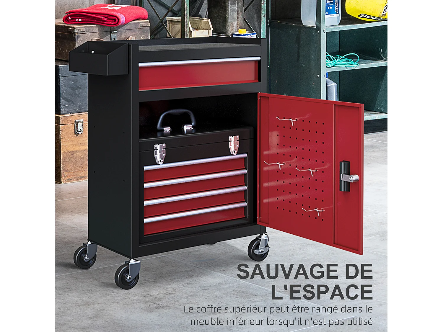 Servante d'atelier -  chariot d'atelier d'outillage - 5 tiroirs, porte verrouillable - caisse à outils amovible - acier rouge noir