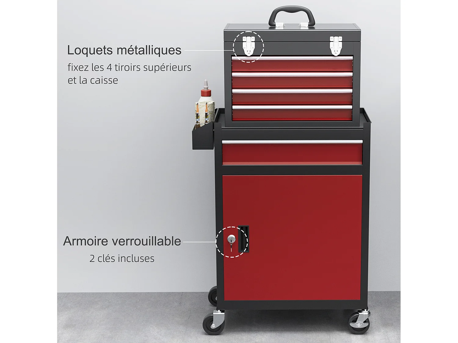 Servante d'atelier -  chariot d'atelier d'outillage - 5 tiroirs, porte verrouillable - caisse à outils amovible - acier rouge noir