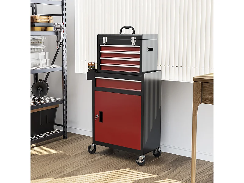Servante d'atelier -  chariot d'atelier d'outillage - 5 tiroirs, porte verrouillable - caisse à outils amovible - acier rouge noir