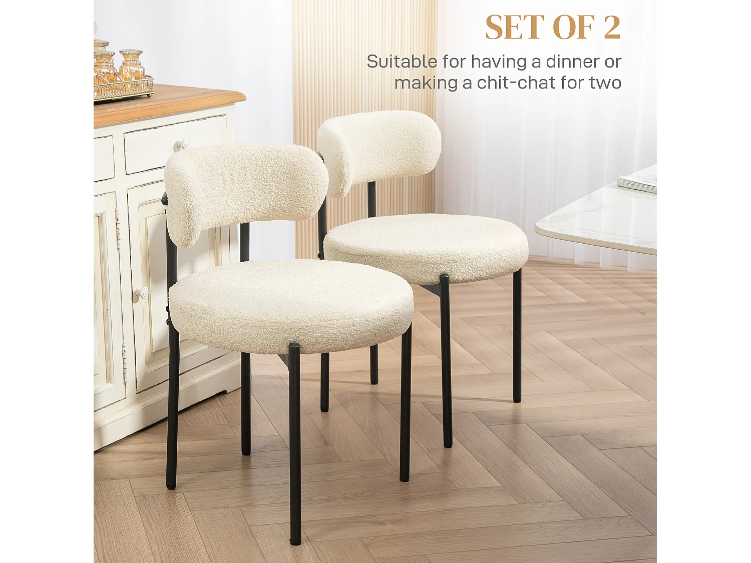 Lot de 2 chaises de salon style néo-rétro - assise ronde, dossier enveloppant - acier noir effet laine bouclée