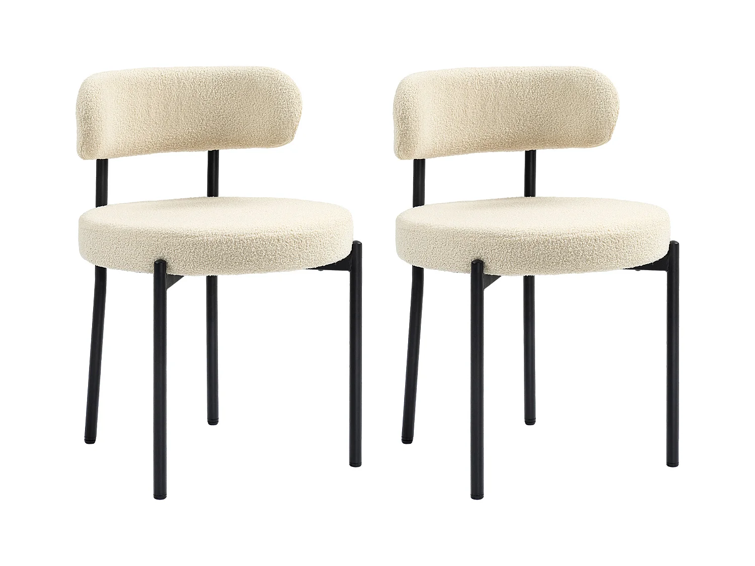 Lot de 2 chaises de salon style néo-rétro - assise ronde, dossier enveloppant - acier noir effet laine bouclée
