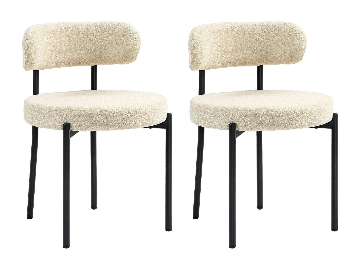 Lot de 2 chaises de salon style néo-rétro - assise ronde, dossier enveloppant - acier noir effet laine bouclée