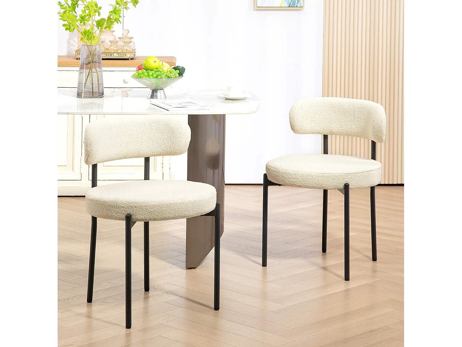 Lot de 2 chaises de salon style néo-rétro - assise ronde, dossier enveloppant - acier noir effet laine bouclée