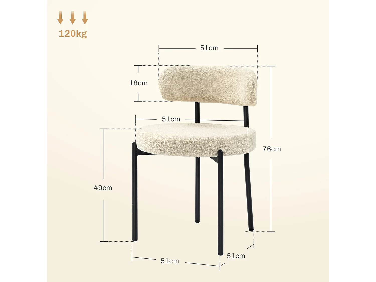 Lot de 2 chaises de salon style néo-rétro - assise ronde, dossier enveloppant - acier noir effet laine bouclée