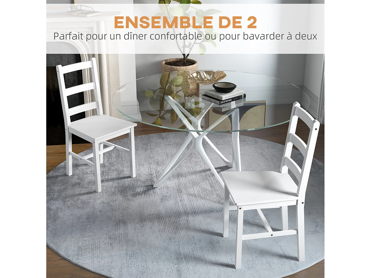 Lot de 2 chaises dossier lattes style rural chic bois de pin blanc