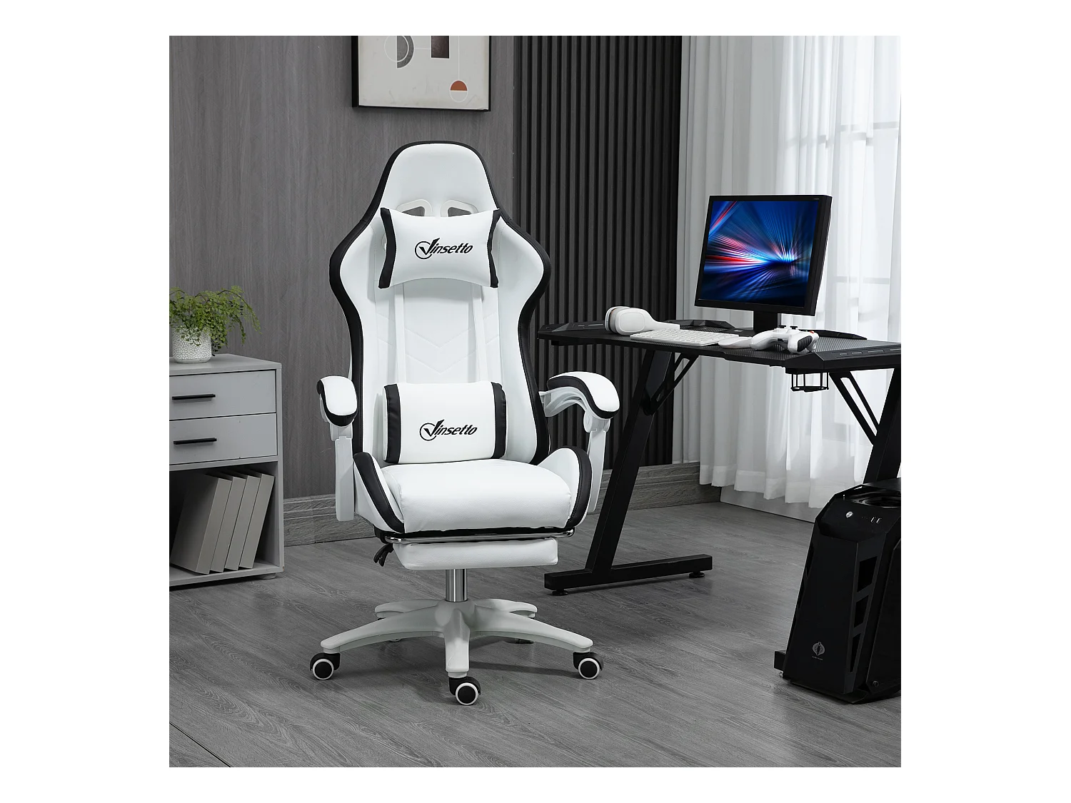 Chaise de bureau gaming - inclinable, pivotant, réglable - coussins lombaires têtière inclus - noir blanc