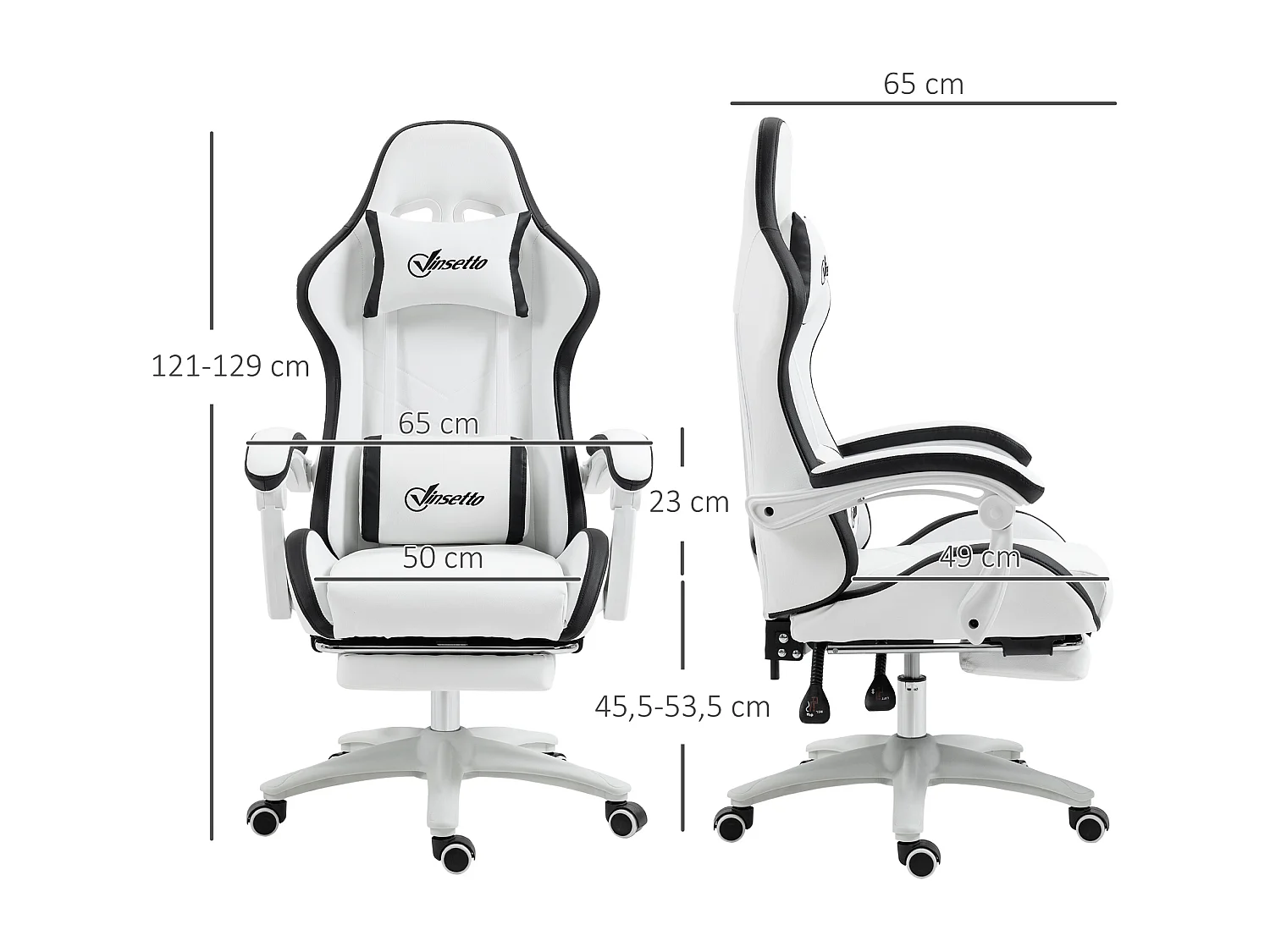 Chaise de bureau gaming - inclinable, pivotant, réglable - coussins lombaires têtière inclus - noir blanc