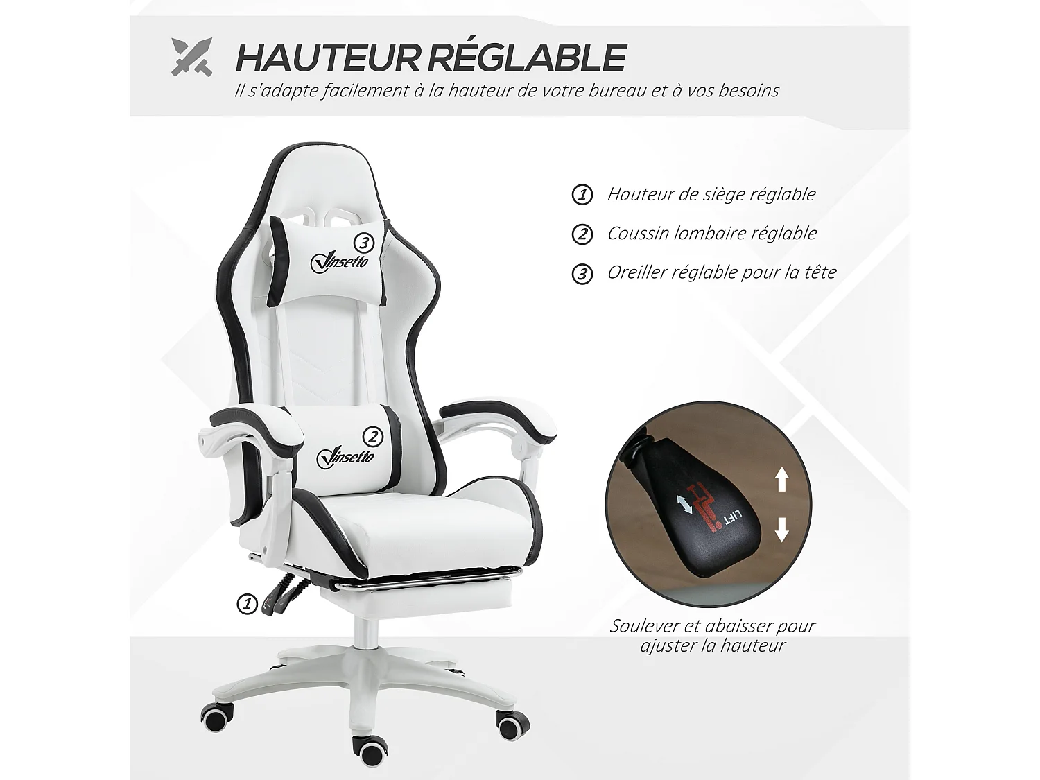 Chaise de bureau gaming - inclinable, pivotant, réglable - coussins lombaires têtière inclus - noir blanc