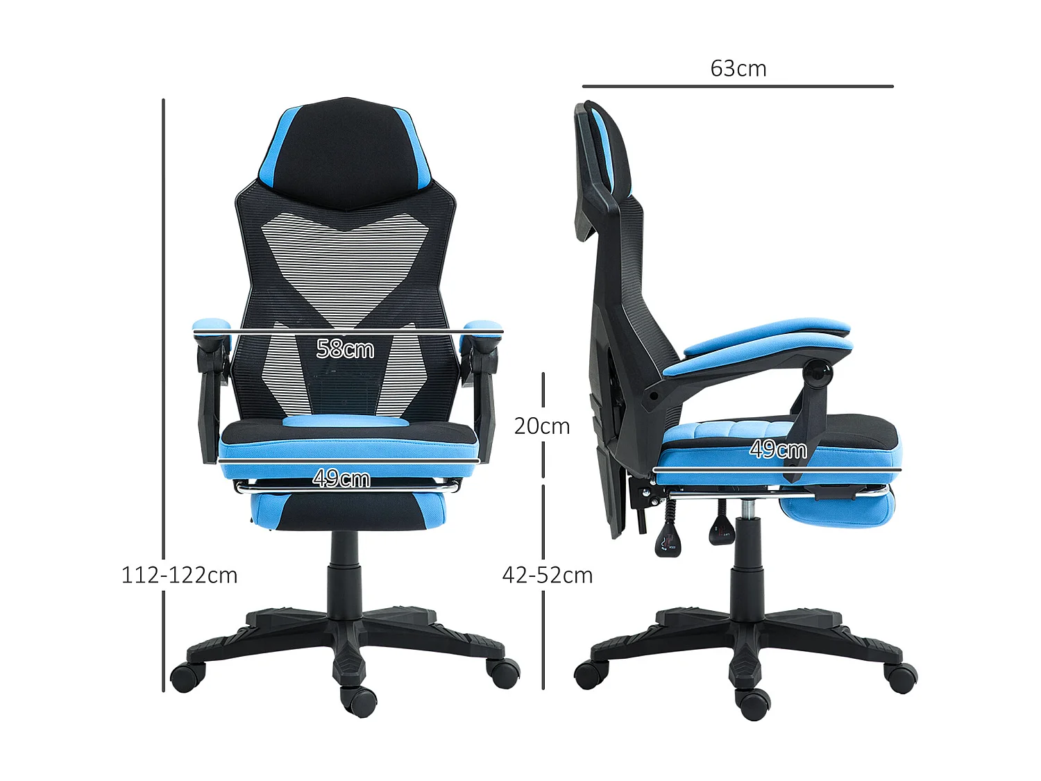 Fauteuil gaming chaise gamer dossier et hauteur réglable roulettes pivotantes repose-pied tissu maille bleu noir