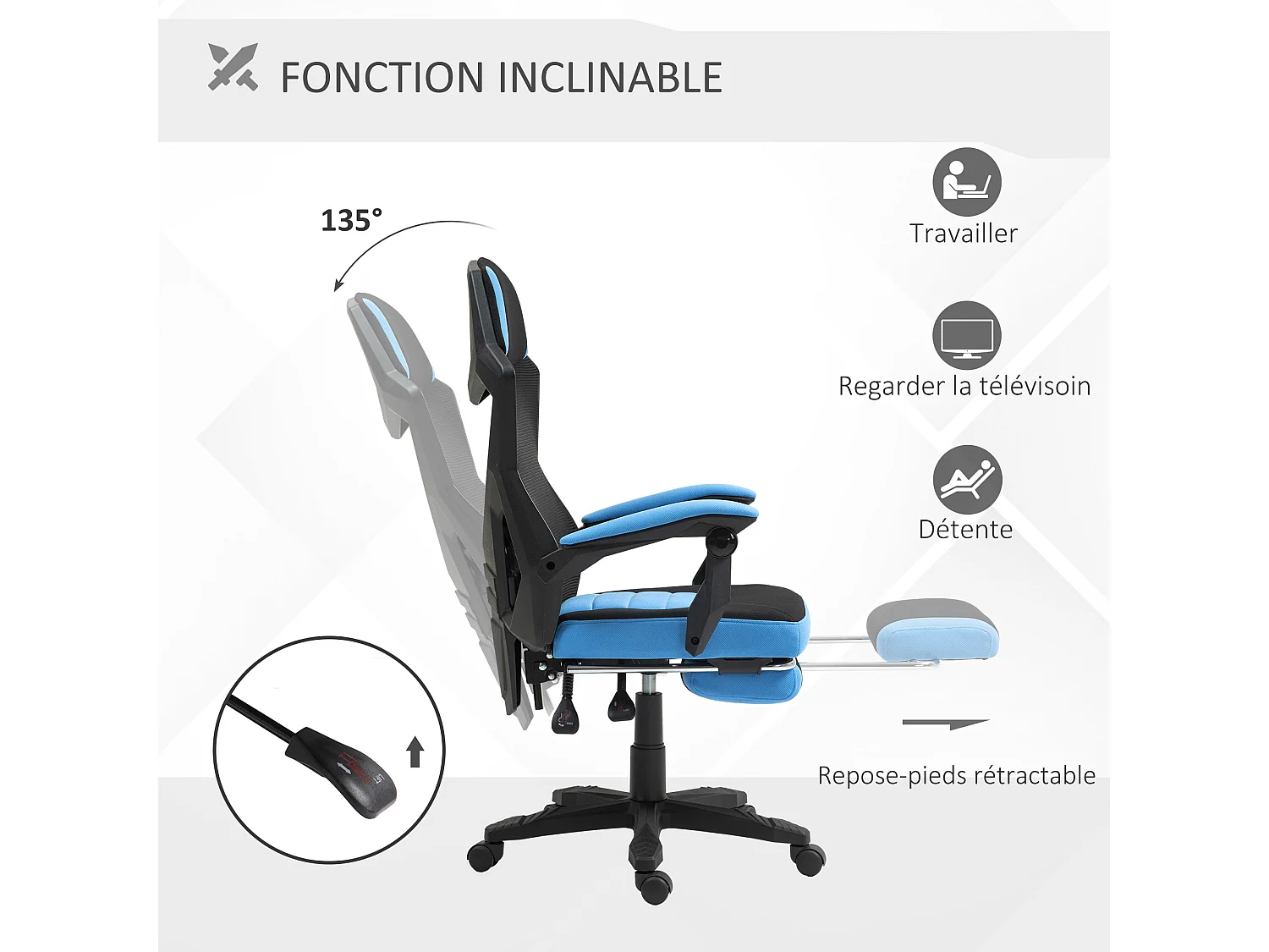 Fauteuil gaming chaise gamer dossier et hauteur réglable roulettes pivotantes repose-pied tissu maille bleu noir