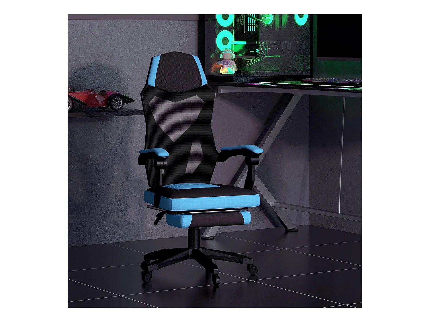 Fauteuil gaming chaise gamer dossier et hauteur réglable roulettes pivotantes repose-pied tissu maille bleu noir