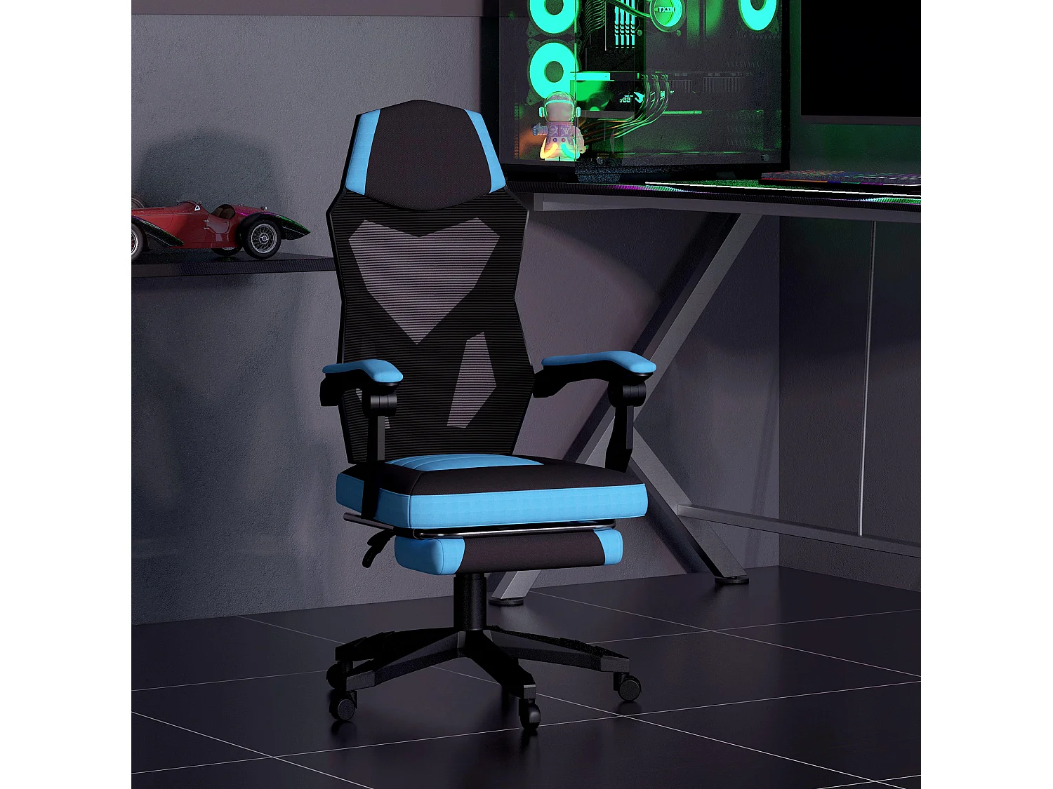 Fauteuil gaming chaise gamer dossier et hauteur réglable roulettes pivotantes repose-pied tissu maille bleu noir