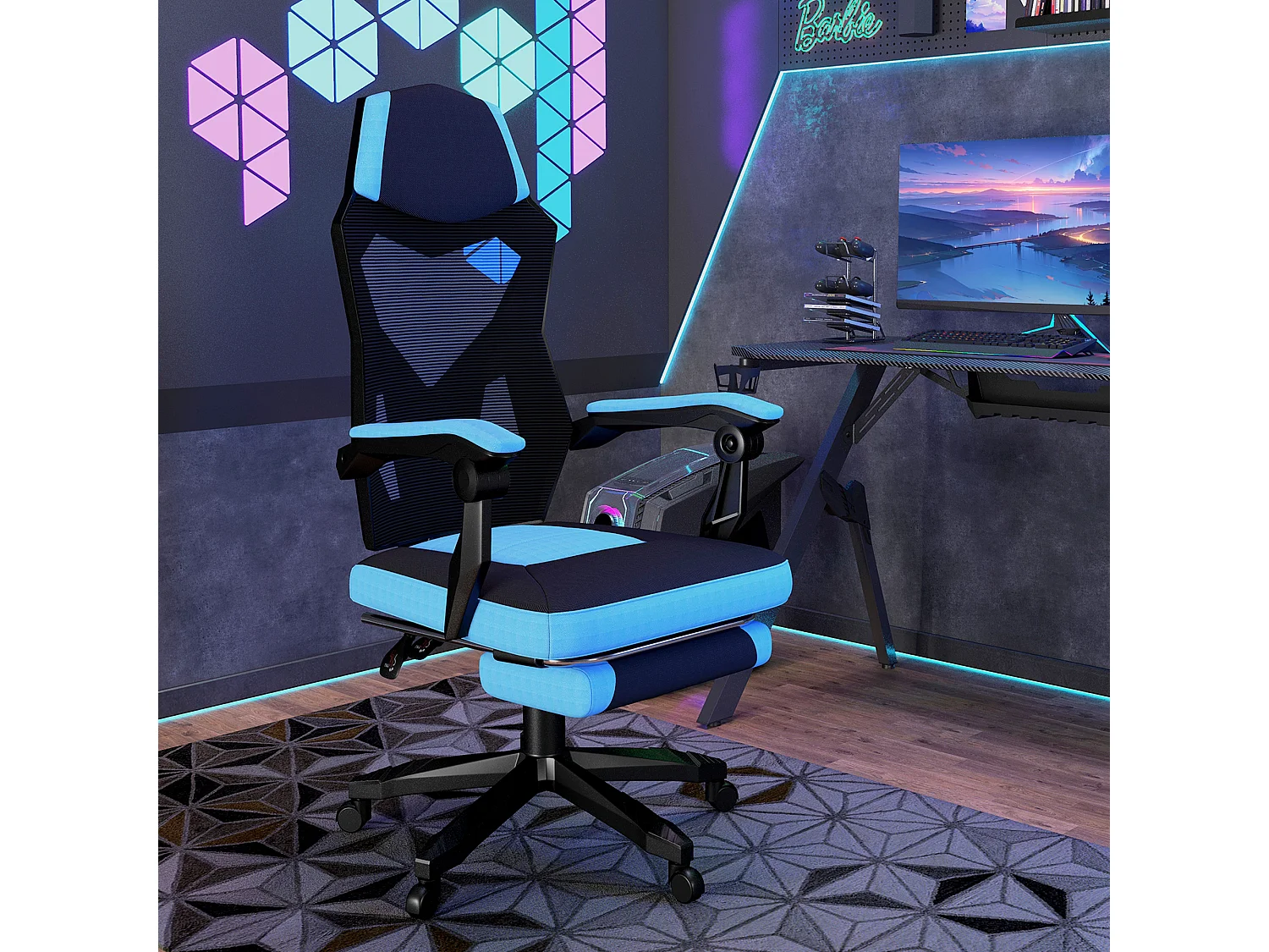 Fauteuil gaming chaise gamer dossier et hauteur réglable roulettes pivotantes repose-pied tissu maille bleu noir