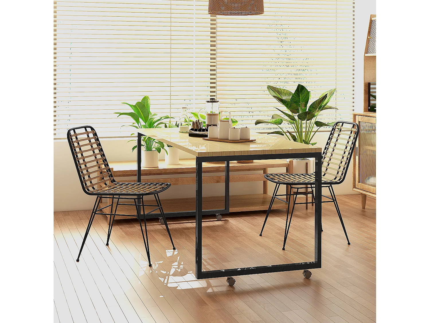 Lot de 2 chaises salle à manger style bohème piètement épingle acier noir résine tressée aspect rotin