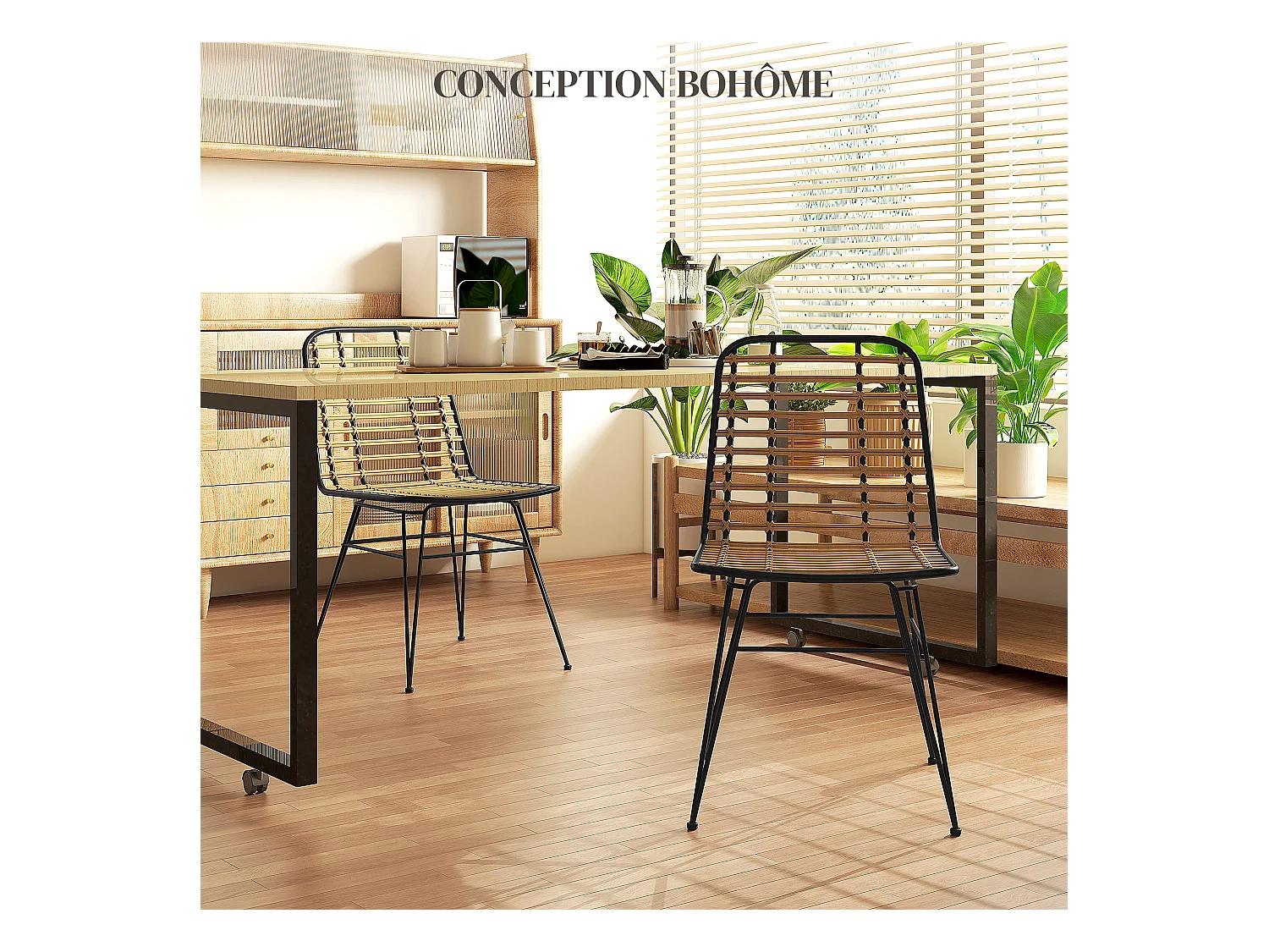 Lot de 2 chaises salle à manger style bohème piètement épingle acier noir résine tressée aspect rotin