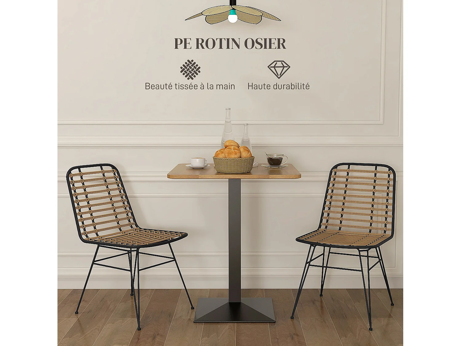 Lot de 2 chaises salle à manger style bohème piètement épingle acier noir résine tressée aspect rotin