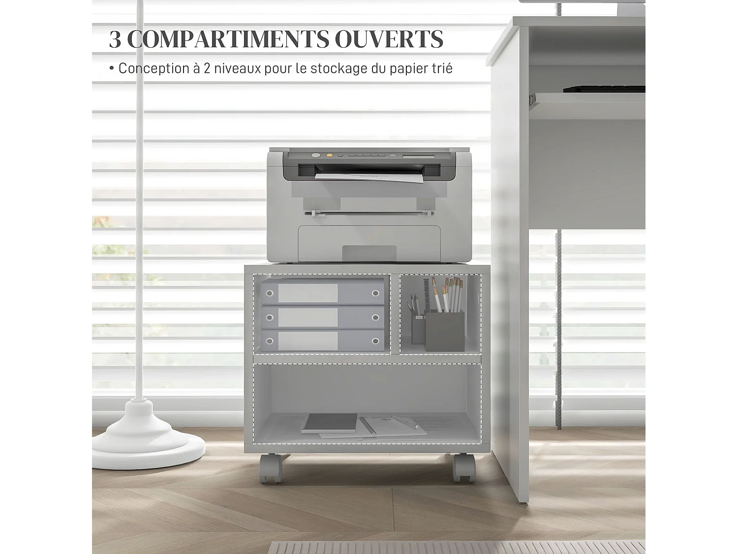 Support d'imprimante caisson de bureau 3 niches - dim. 40L x 30l x 36H cm - panneaux blanc