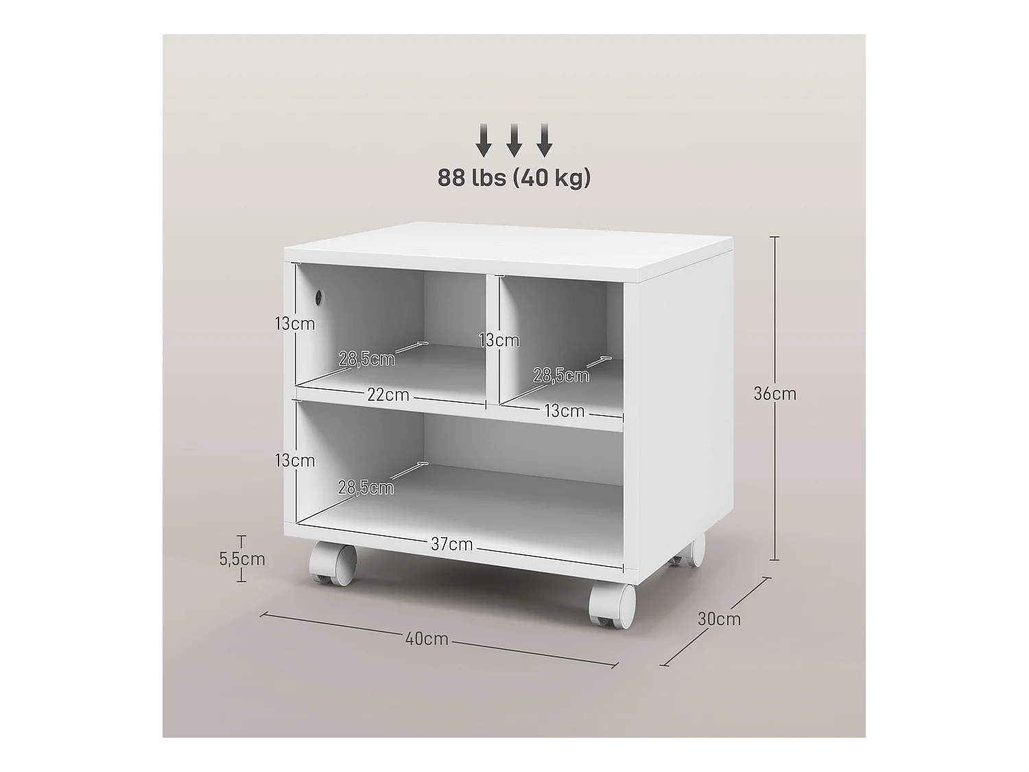 Support d'imprimante caisson de bureau 3 niches - dim. 40L x 30l x 36H cm - panneaux blanc