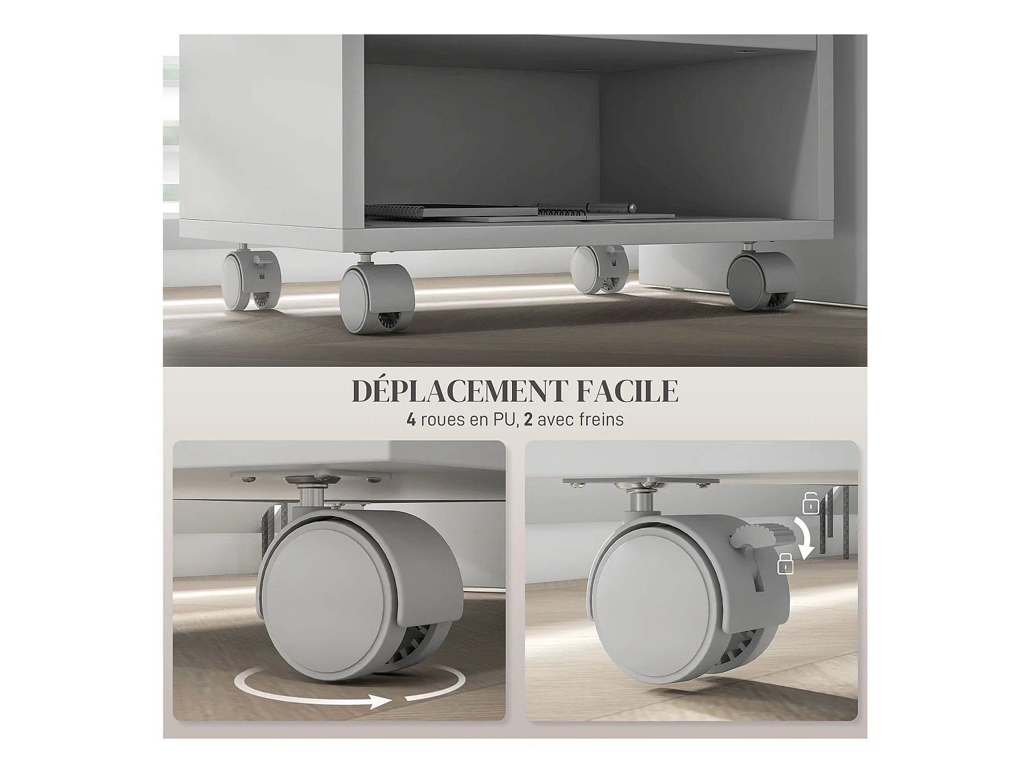 Support d'imprimante caisson de bureau 3 niches - dim. 40L x 30l x 36H cm - panneaux blanc