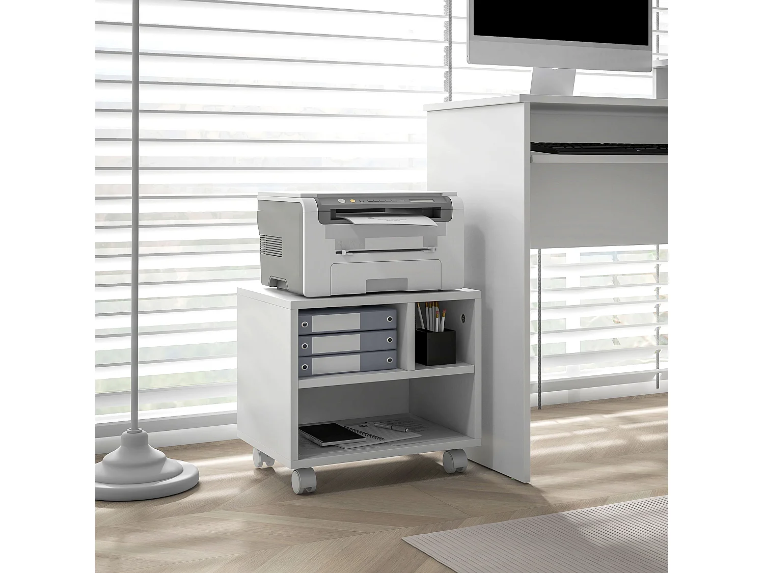 Support d'imprimante caisson de bureau 3 niches - dim. 40L x 30l x 36H cm - panneaux blanc