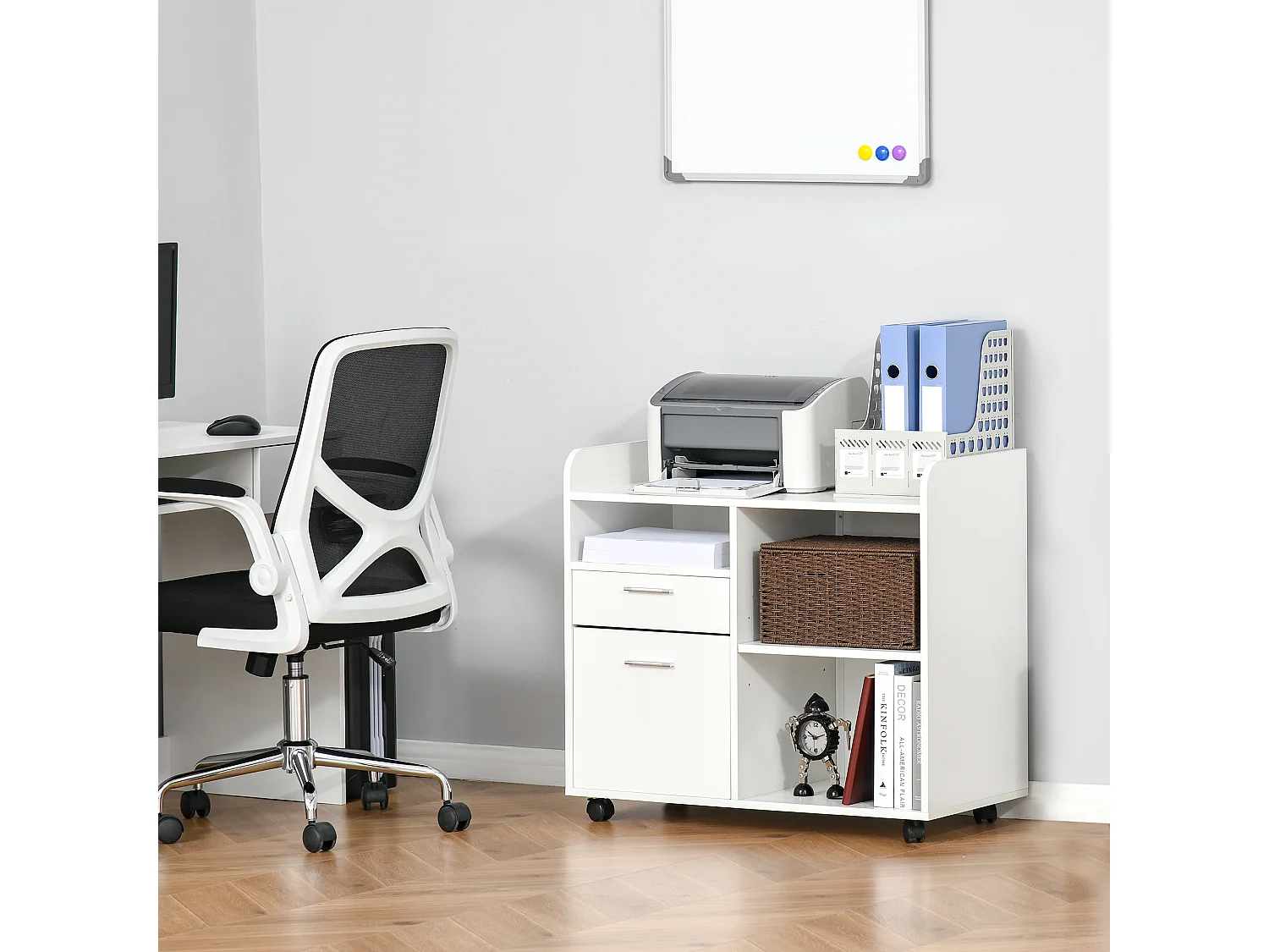 Support d'imprimante - caisson rangement - 3 niches, tiroir, trieur - panneaux blanc