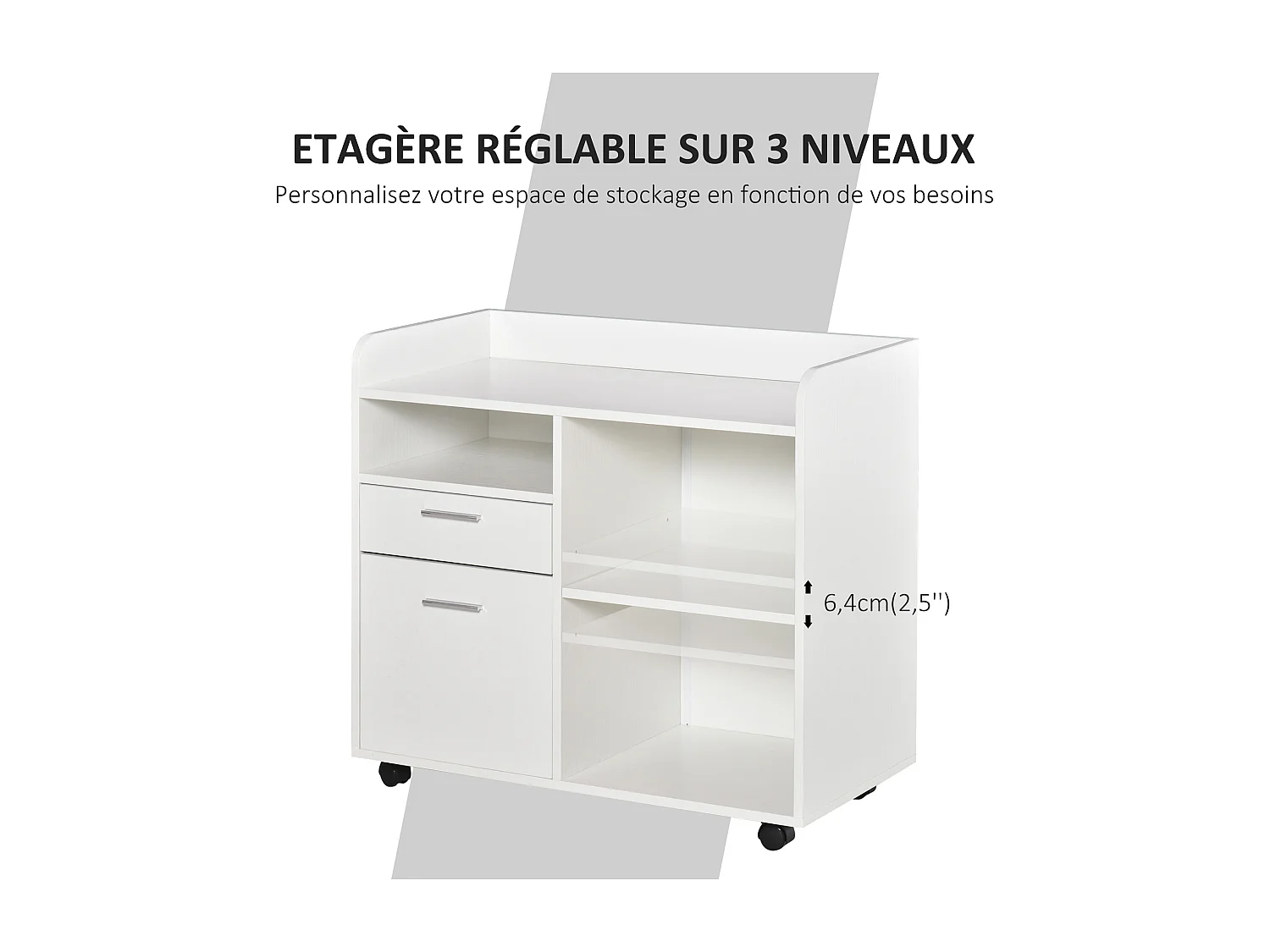 Support d'imprimante - caisson rangement - 3 niches, tiroir, trieur - panneaux blanc